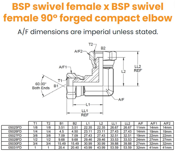 1/8 BSP X 1/8 BSP F/F 90° Forged Elbow Hydraulic Adaptor